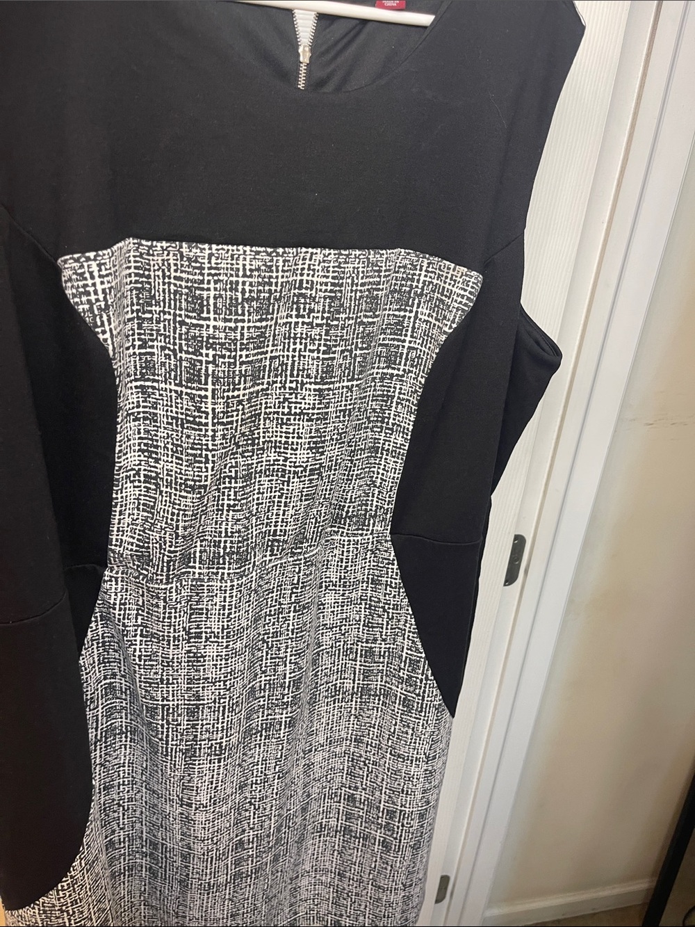 Jessica London Black Midi Dress with White Tweed-Style Panel
